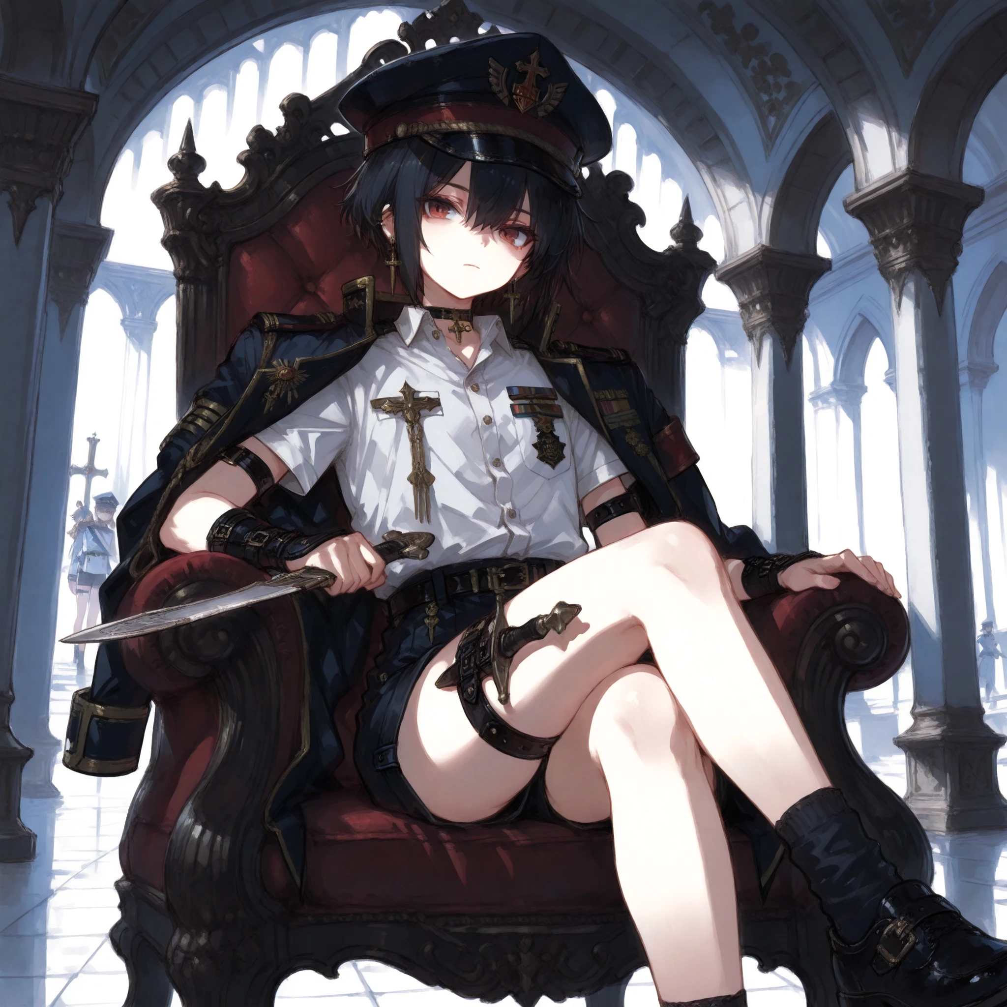 ((Best Quality)), ((masterpieces)), (detailed), Perfect Face, SOLO, ((femboy)), tomgirl, ANIME, beautiful detailed eyes, BOB hair, BOBed hair, black hair, RED EYES, BARE thighs, (((BARE LEG))), ((BLACK short pants)), (((dress shirt))), ((Flat chest)), Choker, (knife thigh strap), (General's Uniform), uniform hat, ((general uniform top)), arm straps, ((black general's uniform top draped over the shoulders)), expressionless, tight short black shorts, ((Holding dagger)), earring, Royal palace, GREAT HALL, red throne, cross legs, Black shoes and white socks, (buckle), ((Tuck in the shirt)), ((uniform outerwear)), short sleeves, wrist guard, FANTASY Dagger