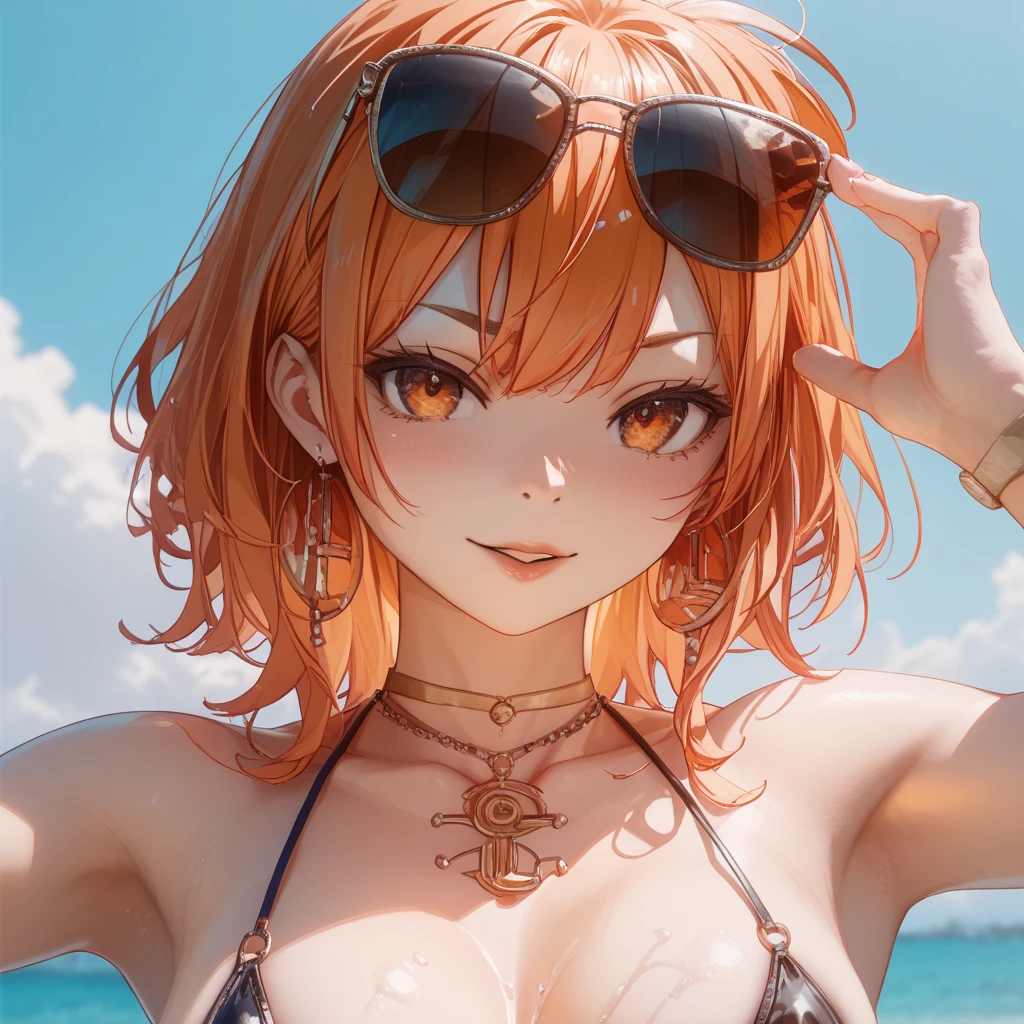 (high resolution, upper body, soft skin:1.2, orange short hair),(best illustration,masterpiece:1.2),ultra-detailed,[(cat ears , orange inside:1.2, orange eyes),vivid colors,sharp focus,portrait,studio lighting,bokeh, wearing a 2 piece zebra bikini, midnight beach background, spotlight in background, kneeling 