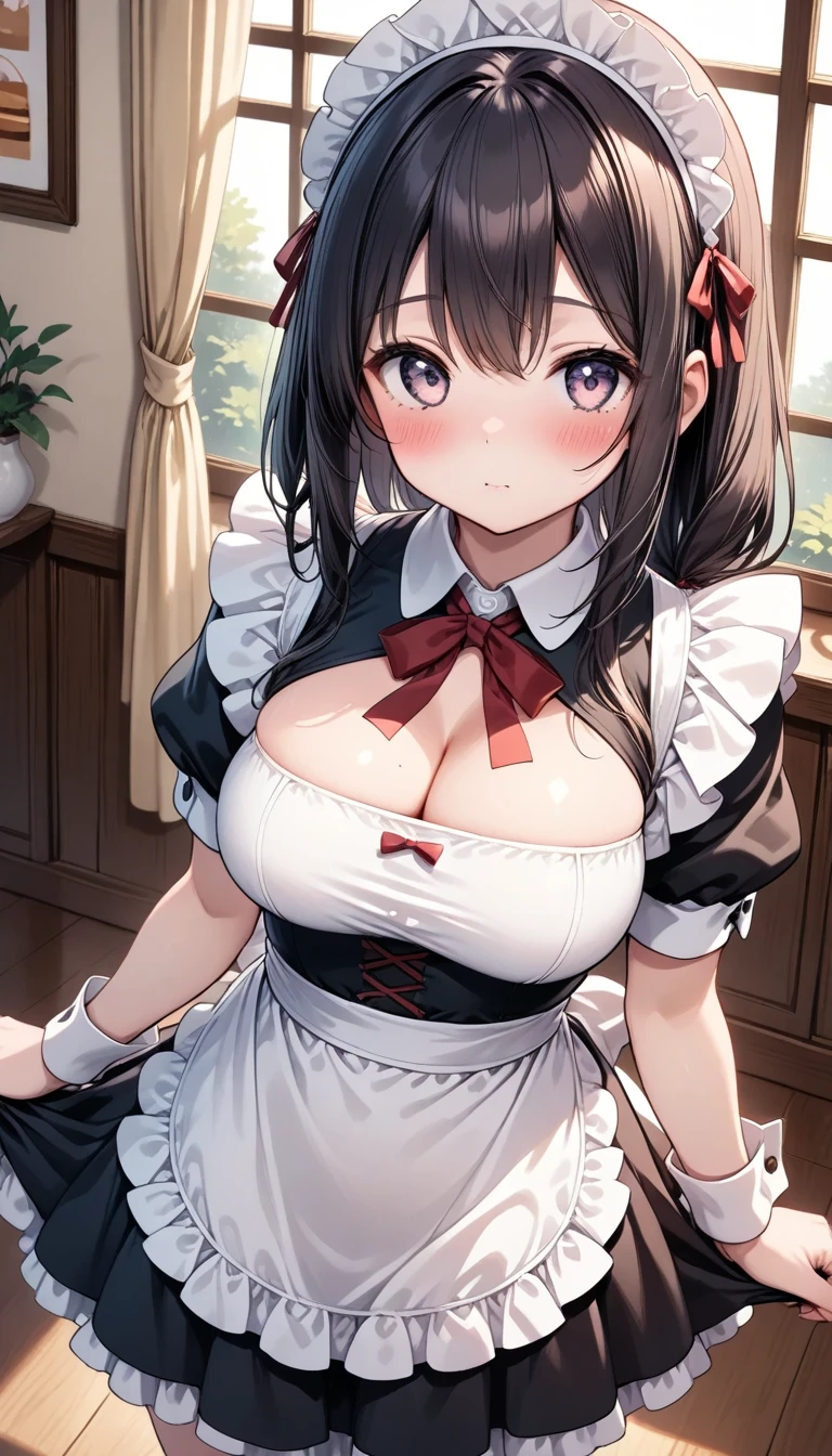 muste piece、masterpiece、highest quality、Super detailed、High resolution、8K portrait、High definition CG of Unity 8k wallpaper、cute type little:1.5、Lori:1.5、Highly detailed CG unity 8k wallpaper、Realistic、real person、 portrait photography、shiny skin、High definition、(:1.2)、(1 girl)、beautiful clear eyes、extremely detailed description、delicate face、nice lips、slender body、(thin waist)、thin legs、(Hallway of the mansion:1.6)、1 girl, cute type, perfect face, seriously, (blush:1.5),(Black Hair Bun Hair:1.3),(big breasts:1.2),((mini skirt maid clothes:1.3)),(half nude:1.3),(black dress),(I have nipples:1.2),(looking at viewer),(angle from the front),gran,((climax in vagina:1.5)),(leaning forward)