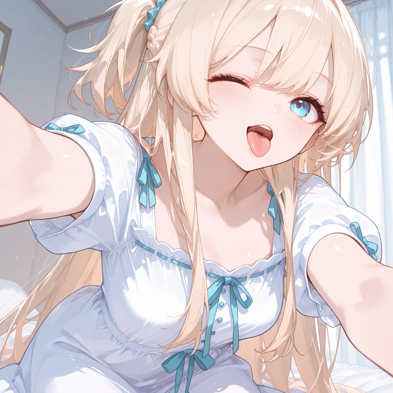 masterpiece,16k,8k,Delicate expression,highest quality,high resolution,High resolution,Sweat,1girl,look at viewer,blush,happy smile,sweat stains,steam,wet,fish eye lens,cowboy shot,summerlarge breast,from front,from above,(focus face:1.2),(pov:1.4),fisheye lens,upper body,open mouth,happy smile,show oral,show off armpits,sleeveless,shirt,bed room,blond hair,green eyes,cat eyes