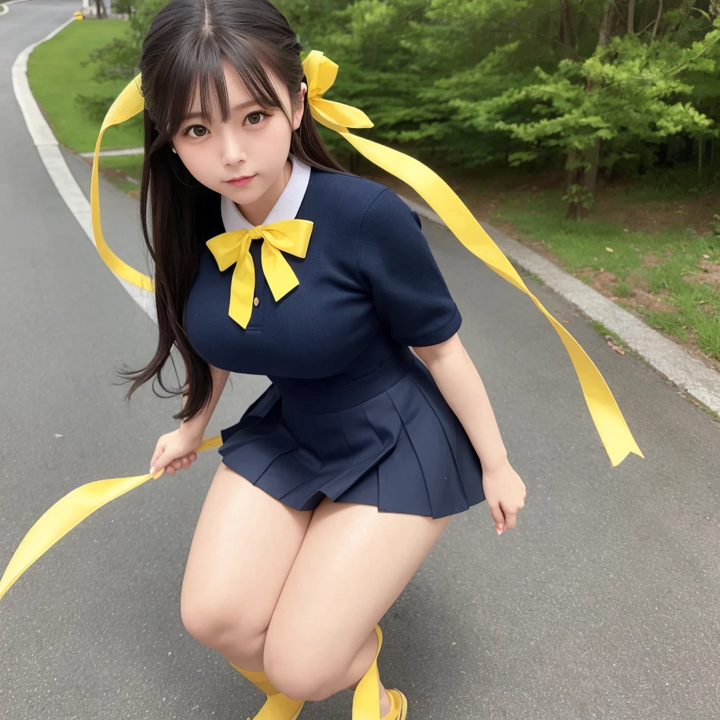 Top quality, masterpiece, raw photo, (middle school), twin tails, black hair, smile, skinny, playboy bunny, crawling on all fours, from behind.