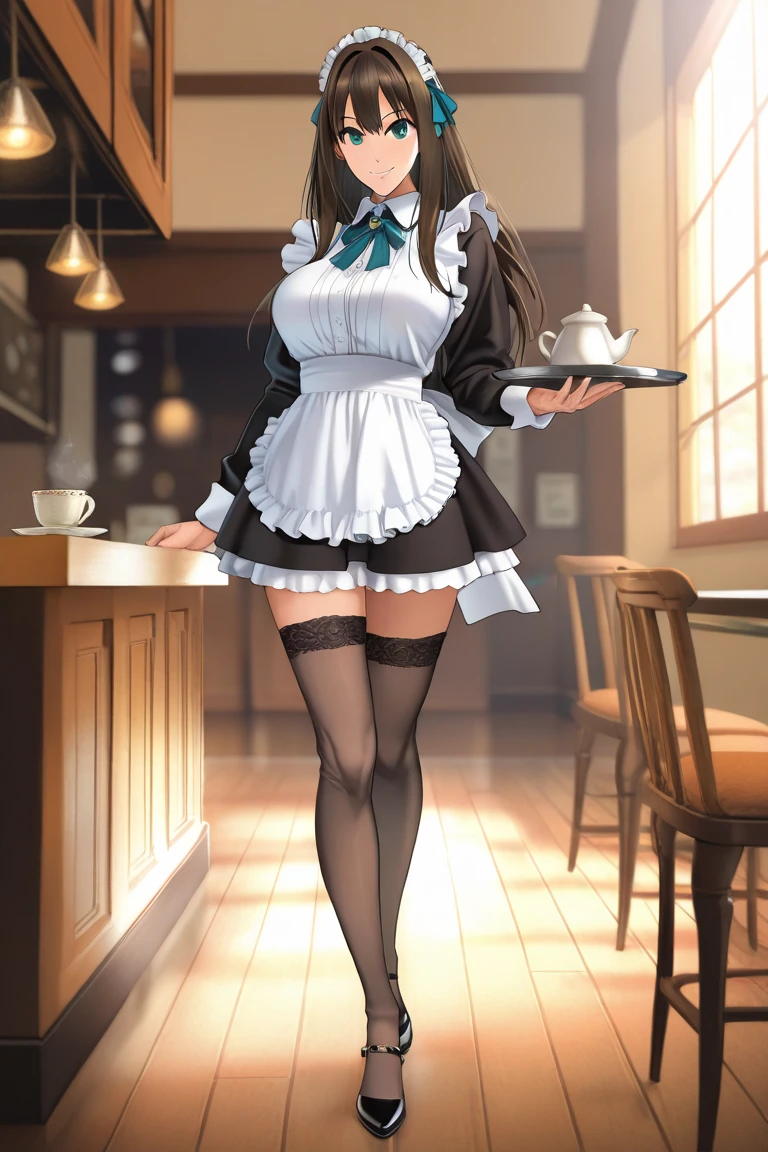 (best quality), 1 girl, ultra-detailed, illustration, yang guifei, standing, (maid:1.4), cleavage, maid apron, high heels