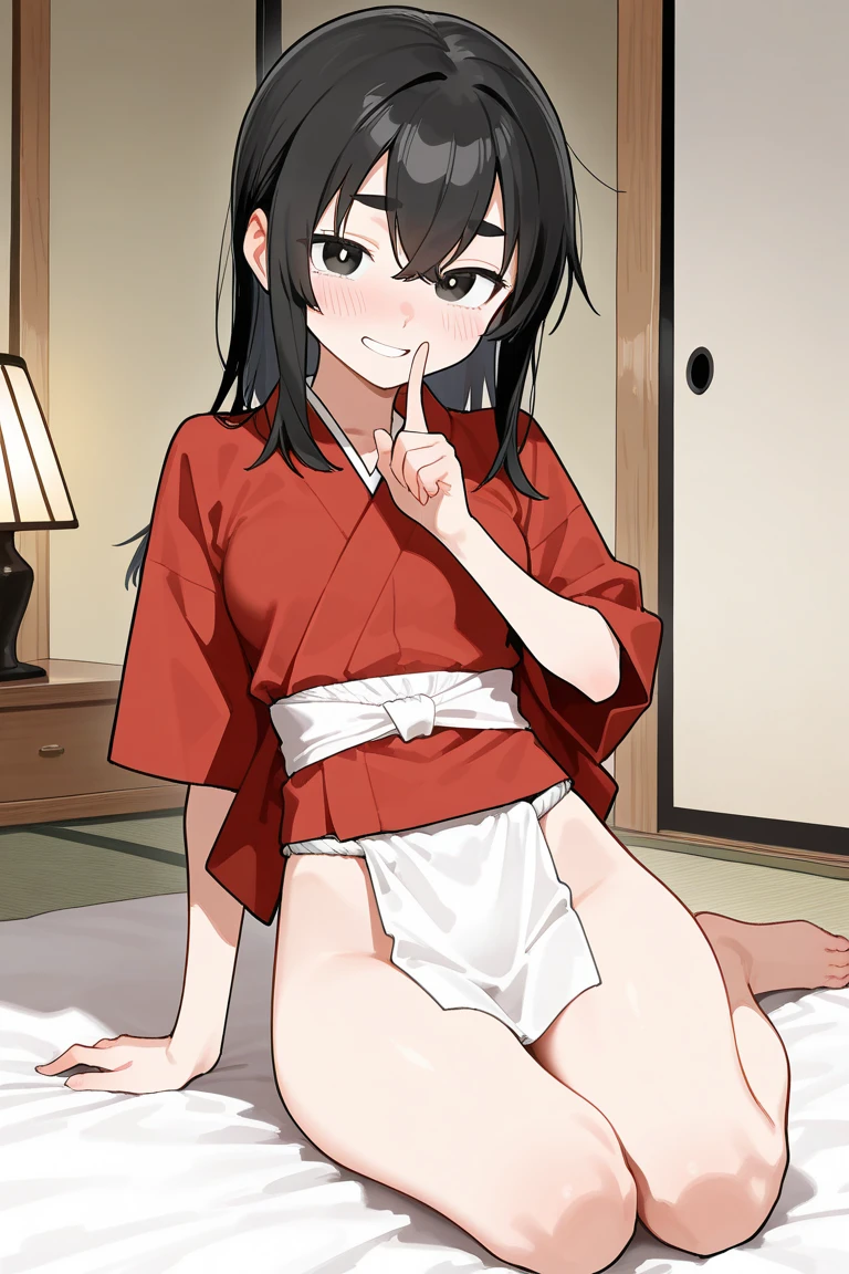 Nsfw,1girl,1boy,,vaglothed,
Araragitsukihi, Short hair,
Hair Ornament, Ahoge, egg Hair Ornament,
Wearing Yukata,kimono,pink striped panties,
 cowboy shot,outdoor,anime,cg,lying,