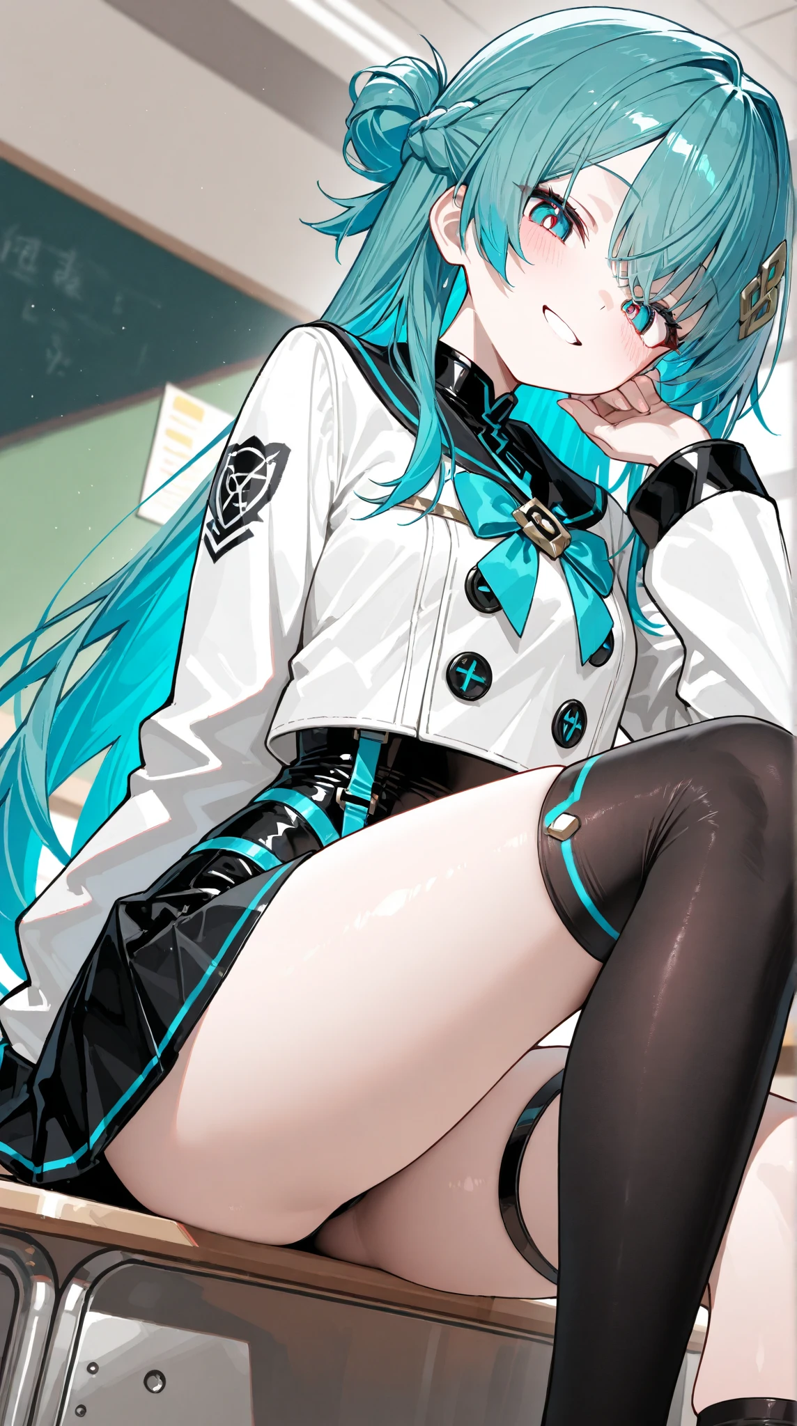 I'm wearing a white jacket with a unique insignia,Futuristic Stylish Classroom、Stylish jacket with brightly colored buttons and straps. clothing reflects the present day, Slightly rebellious style, asymmetrical knee-high socks. black stockings above the knee to complete the look, Energetic Atmosphere. The composition is bold and vibrant and combines fashion and sci-fi influences.Black Stylish Miniskirt、One Girl、Cutting-Edge and Fashionable Hairstyles、masterpiece、Highest Quality、amazing quality」((masterpiece)) , ((Highest Quality)) , (8k)high resolution , Highly detailed、I have teal straps on my clothes、futuristic and stylish fashion、Smile Yan、Sailor style