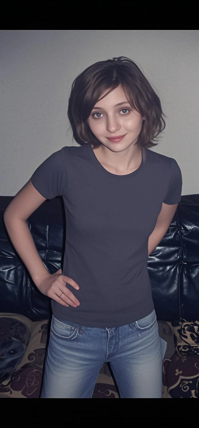 255 20-year-old female, (short hair),jeans, smile