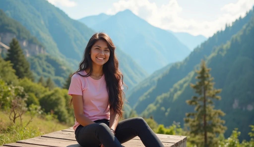 ultrarealistic photo of a 30-year-old desiespresso woman, dynamic pose, wearing Jeans_with_kurta, smiling, on a mountain top background bokeh