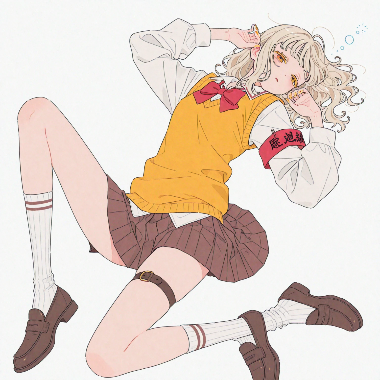 anime artwork, score_9, score_8_up, score_7_up, score_6_up, score_5_up, score_4_up, Himiko toga, big breasts, she is 24 years old, style_3, ,,, yellow eyes , , , , _, , Her usual outfit consists of a plain seifuku with a Kansai collar, both the skirt and the shirt dark blue with a double white trim, which is paired with a red scarf that she ties loosely below. Over this, she wears an oversized beige cardigan with a long hem and cuffs, and pockets on either side, the right one shown to hold a number of trinkets on either a keychain or a cellphone strap. She sports knee-length black socks and dark brown outdoor school shoes. grey background, visible panties, sit