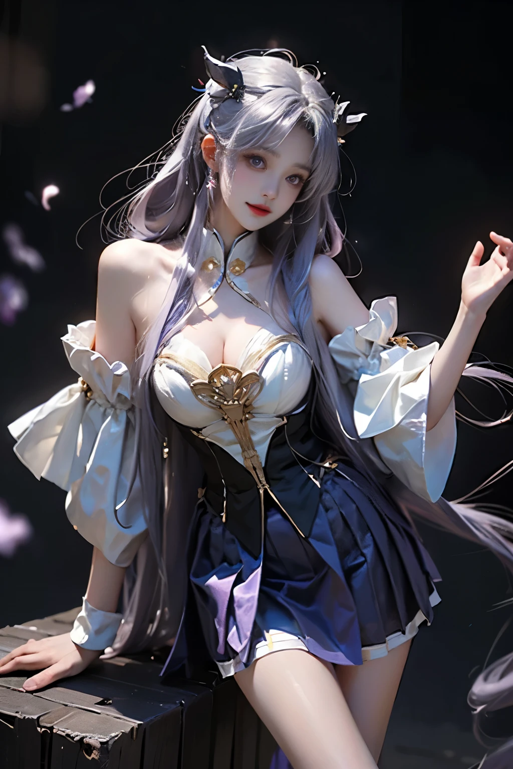 (masterpiece、highest quality、Every detail，Fantastic lighting，Depth of written boundary)(1girl,solo)(cute girl，Blue long dress，The dress has a loose fit，Exposing shoulders，No sleeve，White Hair、medium beautiful breasts，Beautiful cleavage，thin and white legs、White skin)(ruins、Dilapidated Building、Collapsed Wall)(Close-up)(Emphasize cleavage、Sexy model posing)