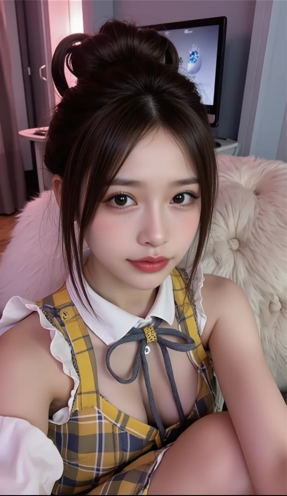 arafed woman in yellow dress posing in front of a wall of anime art, young beautiful amouranth, sun yunjoo, sakimichan, amouranth, better known as amouranth, popular south korean makeup, belle delphine, ruan cute vtuber, korean girl, beautiful south korean woman, lalisa manobal,