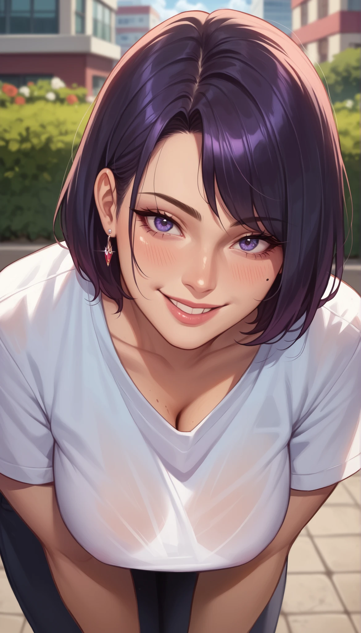 (Best quality, 8k, 32k, Masterpiece, UHD:1.2),Photo of Pretty Japanese woman,black short hair,beauty face,(leaning forward:1.3),squatting,(from above:1.2),(close up:1.4),pov,,looking at another,smile, loose t-shirt,large breasts,beautiful nipple slip,outdoors,windy,shiny skin,blurry background