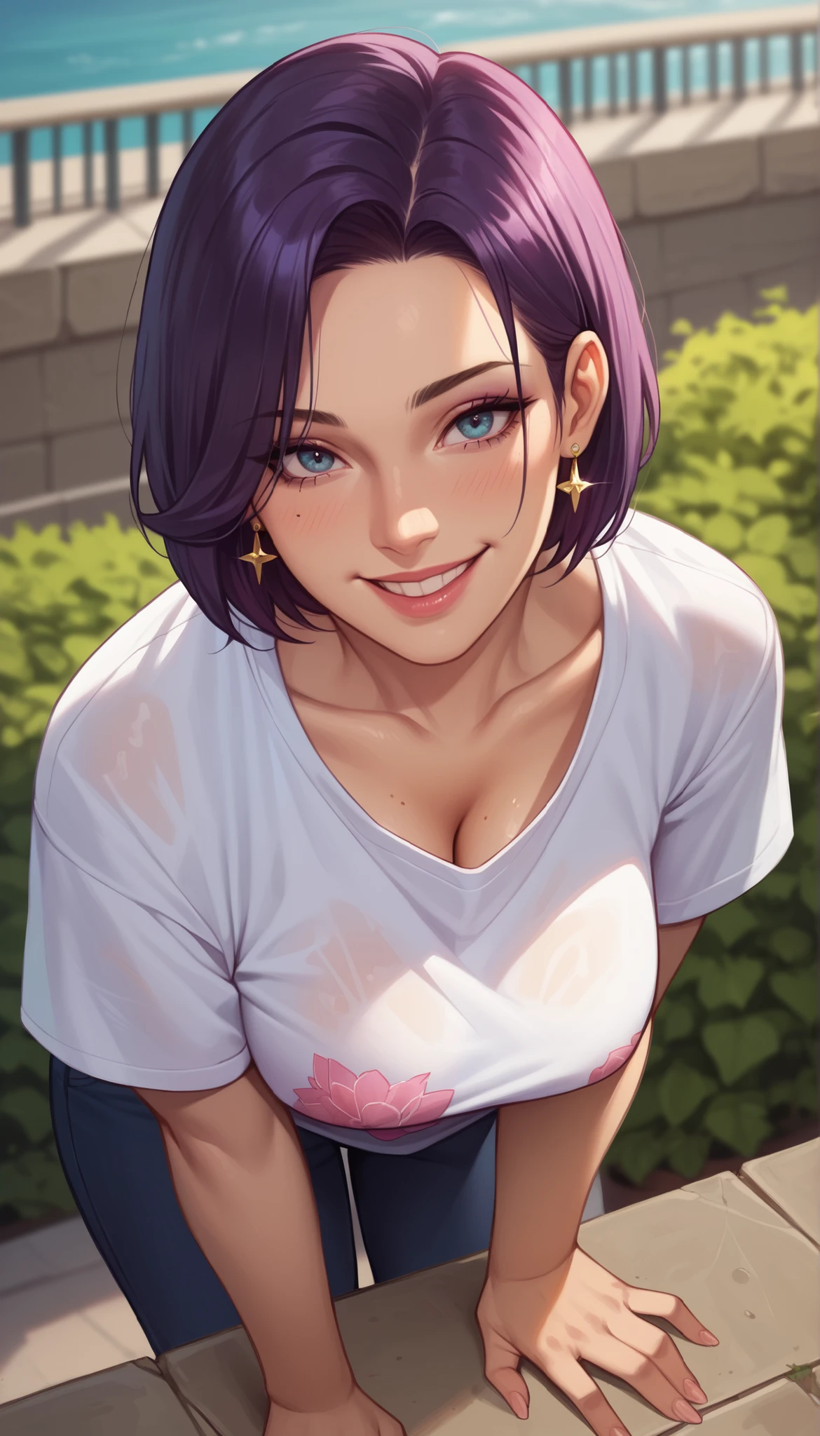 (best quality, masterpiece, colorful, dynamic angle, highest detailed) upperbody shot, fashion photography, <lora:V5FullClose1Art1:0.7>, un, purple hair, short twintails, short hair, green eyes, large breasts, 1girl, solo, hair between eyes, bokeh, light passing through hair, (amazing background:1.3), (official art), portrait, t-shirt, black skirt, pantyhose, choker, detailed background, light smile, blush, portrait, night, clouds, sky, stars, moon, pink lips, trees, outside,