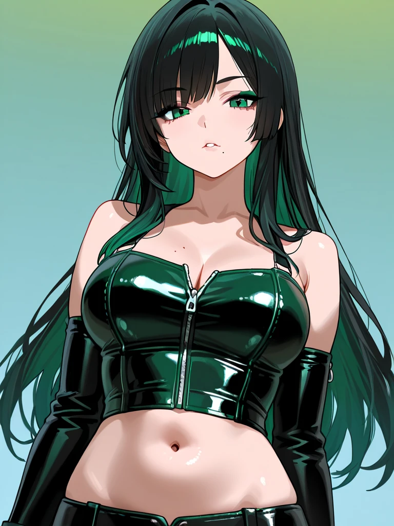 a sexy woman, (best quality), (masterpiece), (1girl), slim, anime, tall, (front view ), (green eyes), (flat chested), (see through), (pubic hair)