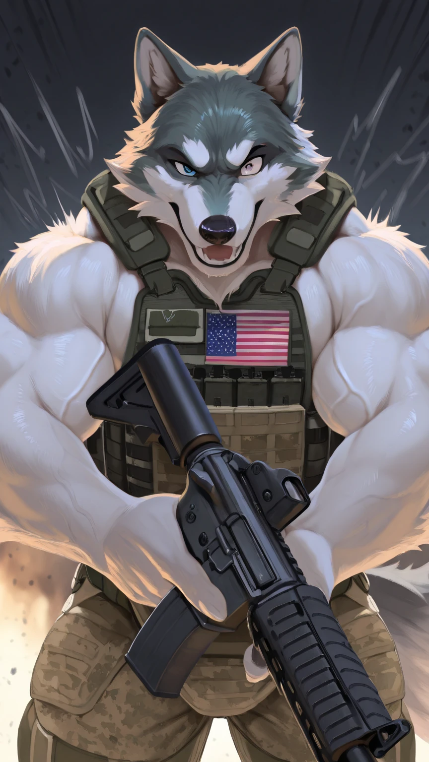 ukrainian war, Modern war, arctic fox, blue eyes, young face, Background of the military base, Attractive face white torso, ????? marked nipples, pink nipples, muscular