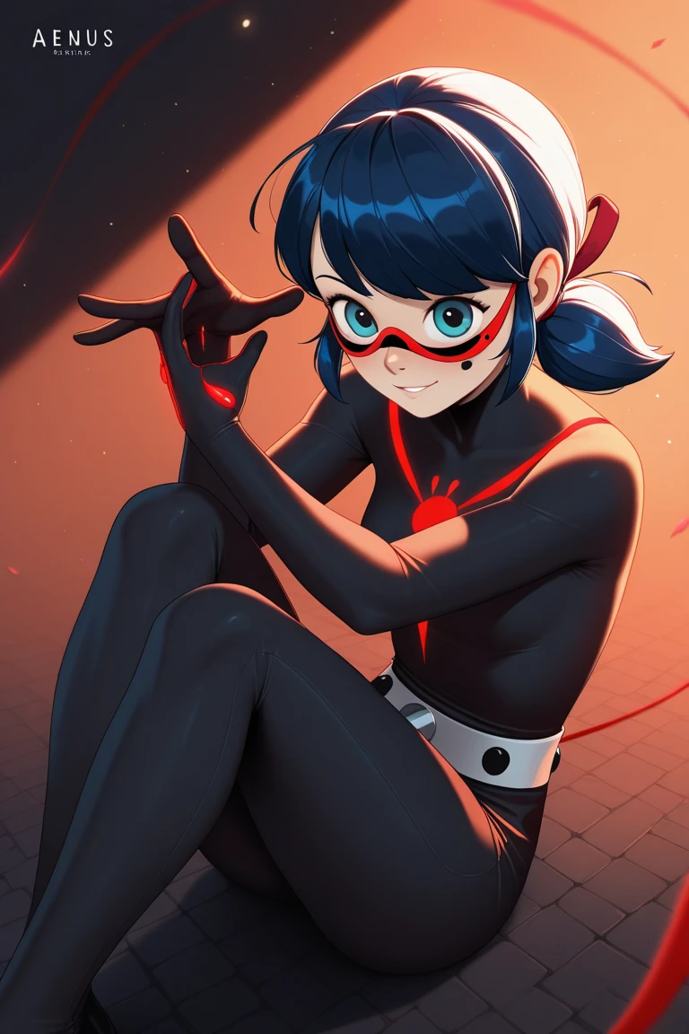 Create an anime style character similar to Harley Quinn with short pigtails with one side of the hair black and the other side white with a black iron mask with silver details on the mouth and nose and a large black scarf and white clothes with a stick
