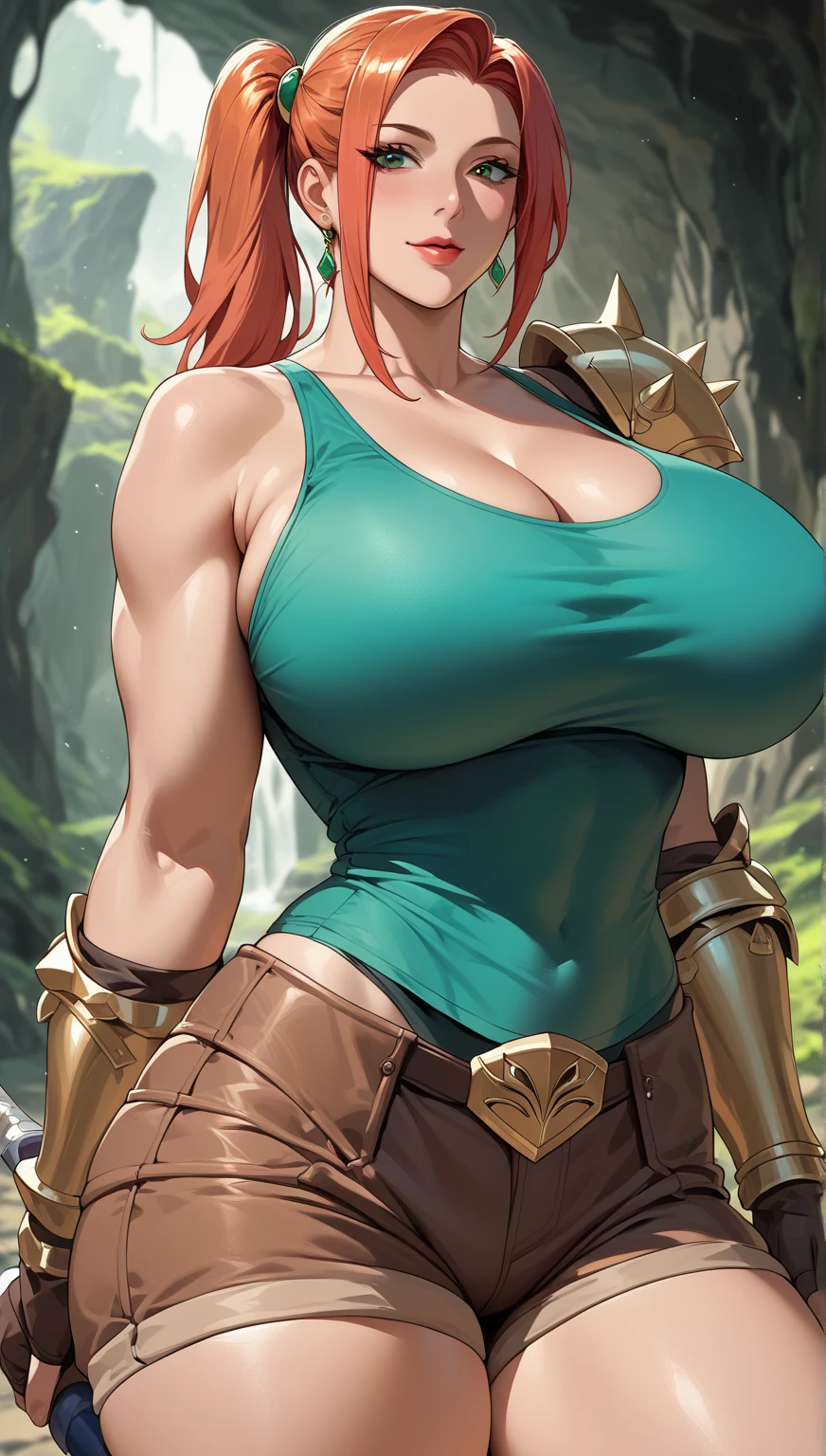 gwen tennyson,tracer,bulma,rebecca chambers,1girl,close up,face paint,viking armor,gold neck jewelry,body paint,short hair,long dress,wolf fur,ceremonial cape,viking belt,viking leggings,snow forest,gold,amulets,tribal piercings and tattoos,nordic culture,green eyes,orange hair,shy smile,freckles,redhead,beautiful girl,large breasts,thigh high boots,ultra detailed,realistic,fantasy art,holding an axe, ((Female Bodybuilder)), ((((Muscular Legs)))), ((((Huge Muscles))))