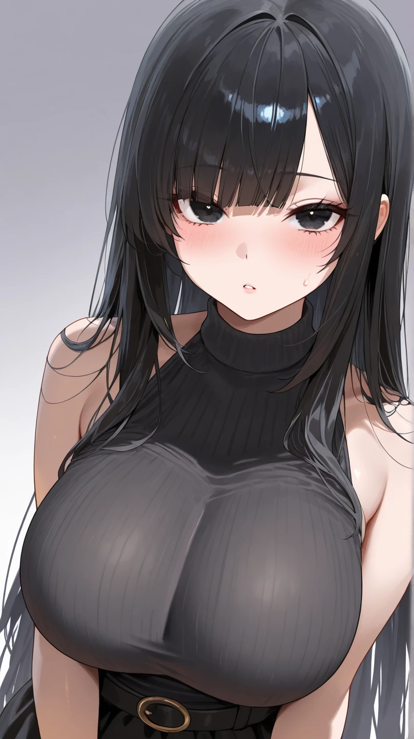 A girl has large breasts and long black hair 