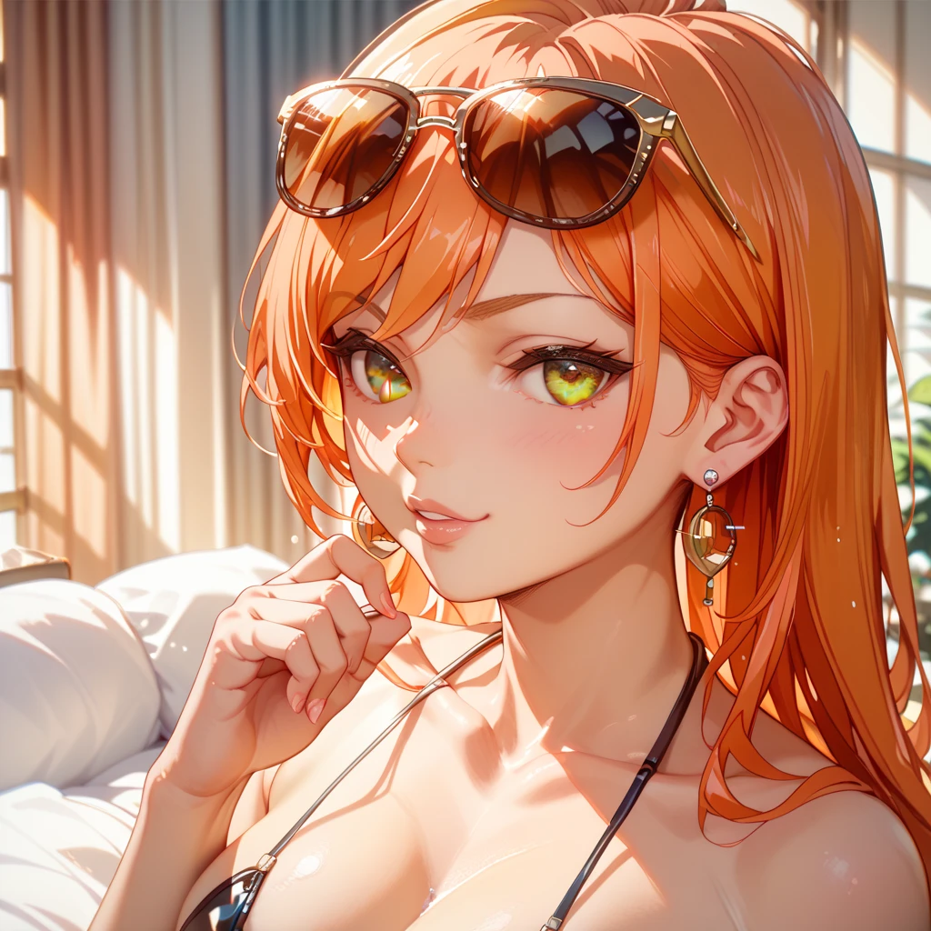 sunsethuman, a beautiful woman in a bikini top with an open shirt, two tone hair, sitting at a bar on a beach at sunset, sipping a drink with a straw, stunning sunset sky, golden hour lighting, ocean waves in the background, detailed facial features, detailed clothing, photorealistic, 8k, award winning photograph, dramatic lighting, vivid colors, warm color palette, dramatic mood