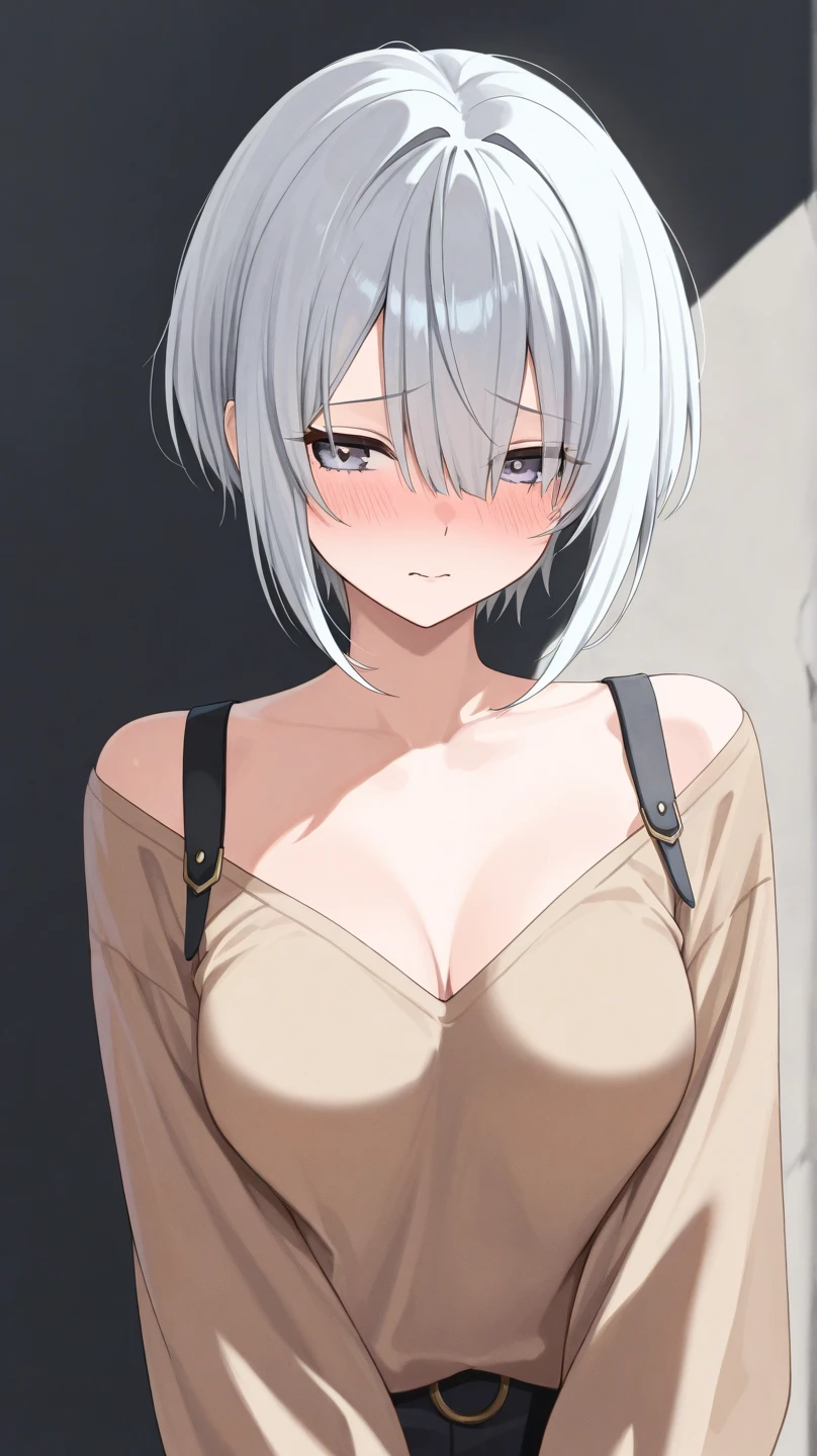 masterpiece, best quality, <lora:tachibanachizuru-nvwls-v1-000009:0.9> tachibana chizuru, silver hair, ahoge, hair over one eye, collarbone, black camisole, large breasts, cleavage, bare shoulders, jeans, blush, closed eyes, arms behind back, indoors