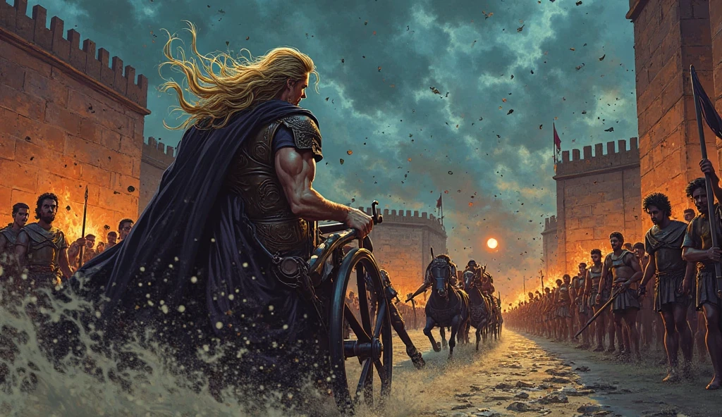 A warrior lion, imposing and confident, riding his black horse , crossing a bridge full of zombies