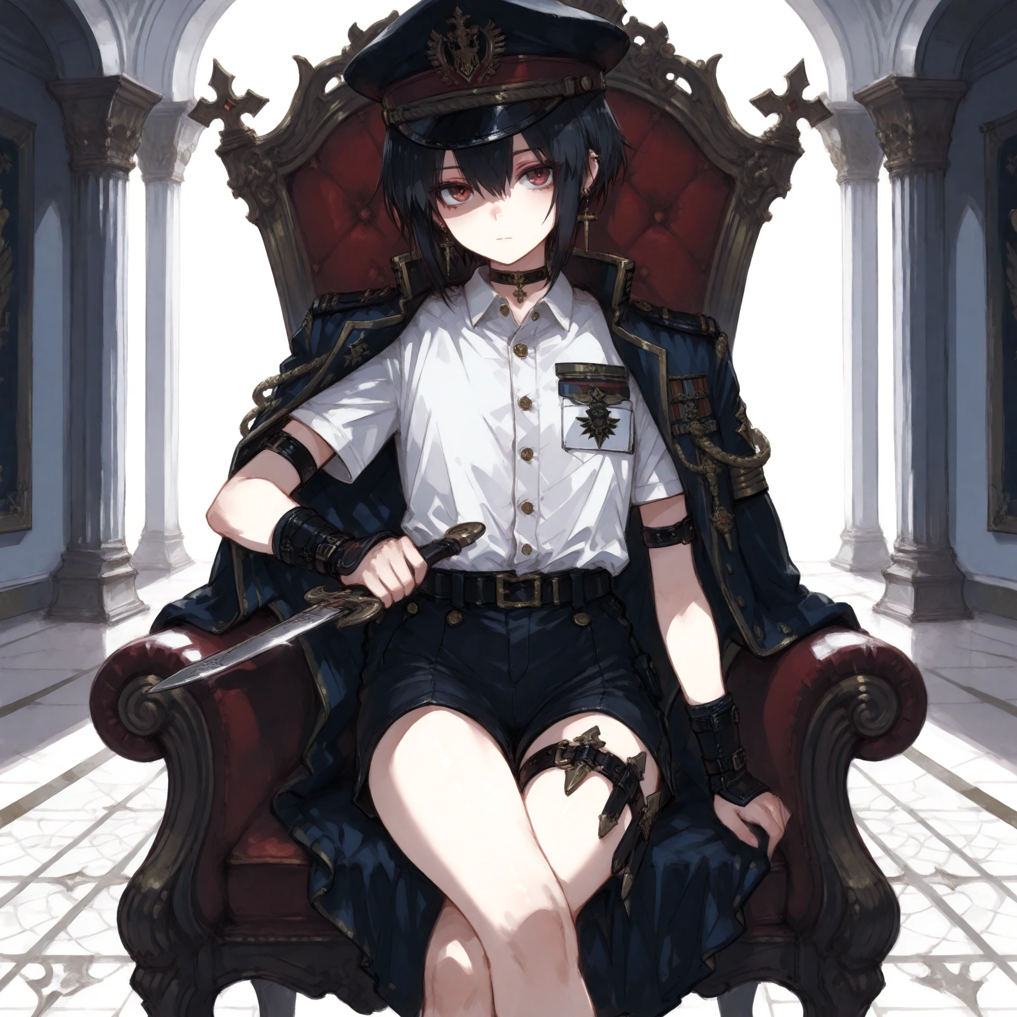 ((Best Quality)), ((masterpieces)), (detailed), Perfect Face, SOLO, ((femboy)), tomgirl, ANIME, beautiful detailed eyes, BOB hair, BOBed hair, black hair, RED EYES, BARE thighs, (((BARE LEG))), ((BLACK short pants)), (((dress shirt))), ((Flat chest)), Choker, (knife thigh strap), (General's Uniform), uniform hat, ((general uniform top)), arm straps, ((black general's uniform top draped over the shoulders)), expressionless, tight short black shorts, ((Holding dagger)), earring, Royal palace, GREAT HALL, red throne, cross legs, Black shoes and white socks, (buckle), ((Tuck in the shirt)), ((uniform outerwear)), short sleeves, wrist guard, FANTASY Dagger