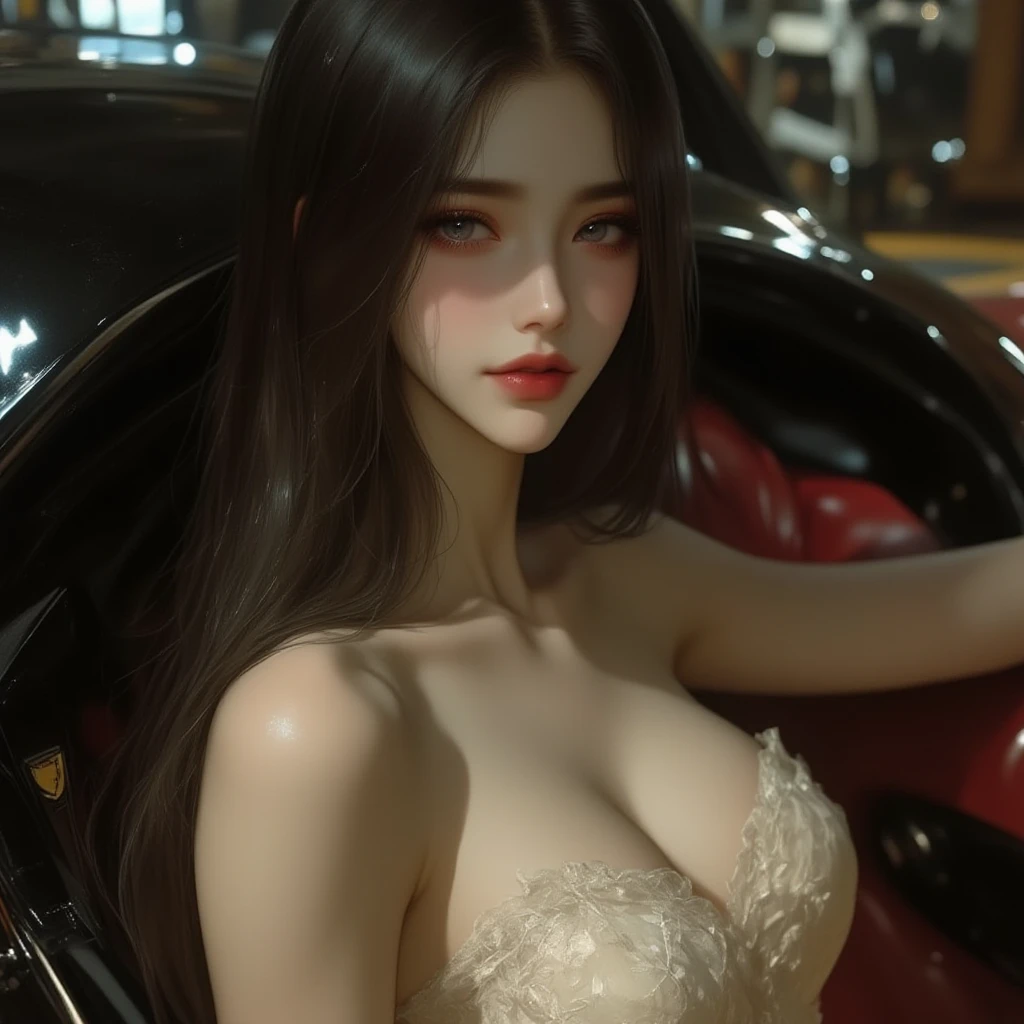 deep in the night，Underground parking，Sex mature beautiful asian woman by man，Big long feet，long whitr hair，areola of breast，gigantic cleavage breasts