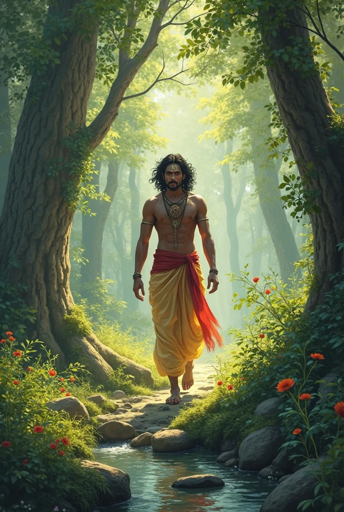 **Lord Ram walking through the dense forest, looking curious and thoughtful.