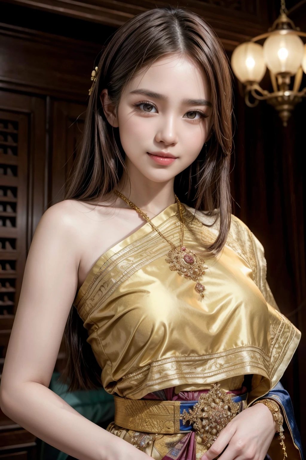 (raw photos:1.2), (realistic:1.4), (Masterpiece:1.3), (best quality:1.4), Ultra high resolution, (Detailed eyes), (Detailed facial features), (Detailed clothing features), HDR, 8K resolution, Focus only, let your hair grow long, Dressing according to Thai tradition, Traditional shawl , 1 woman , big breasts, A gigantic rift, big breastsดันเสื้อผ้า, big breast, Breasts are fully grown., Make your breasts bigger.., small waist, Long legs, Facing the audience, Full body, depth of field, Lighting system at the level of ancient Thai houses, big breasts, too big for your body, Showing a flat stomach, full of jewelry, The beauty of Thai dress girls