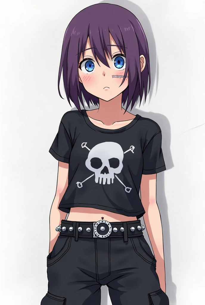 Anime gpth girl with purple hair, silver eyes, brown skin and a black shirt with skulls on it and black ripped jeans (full body)