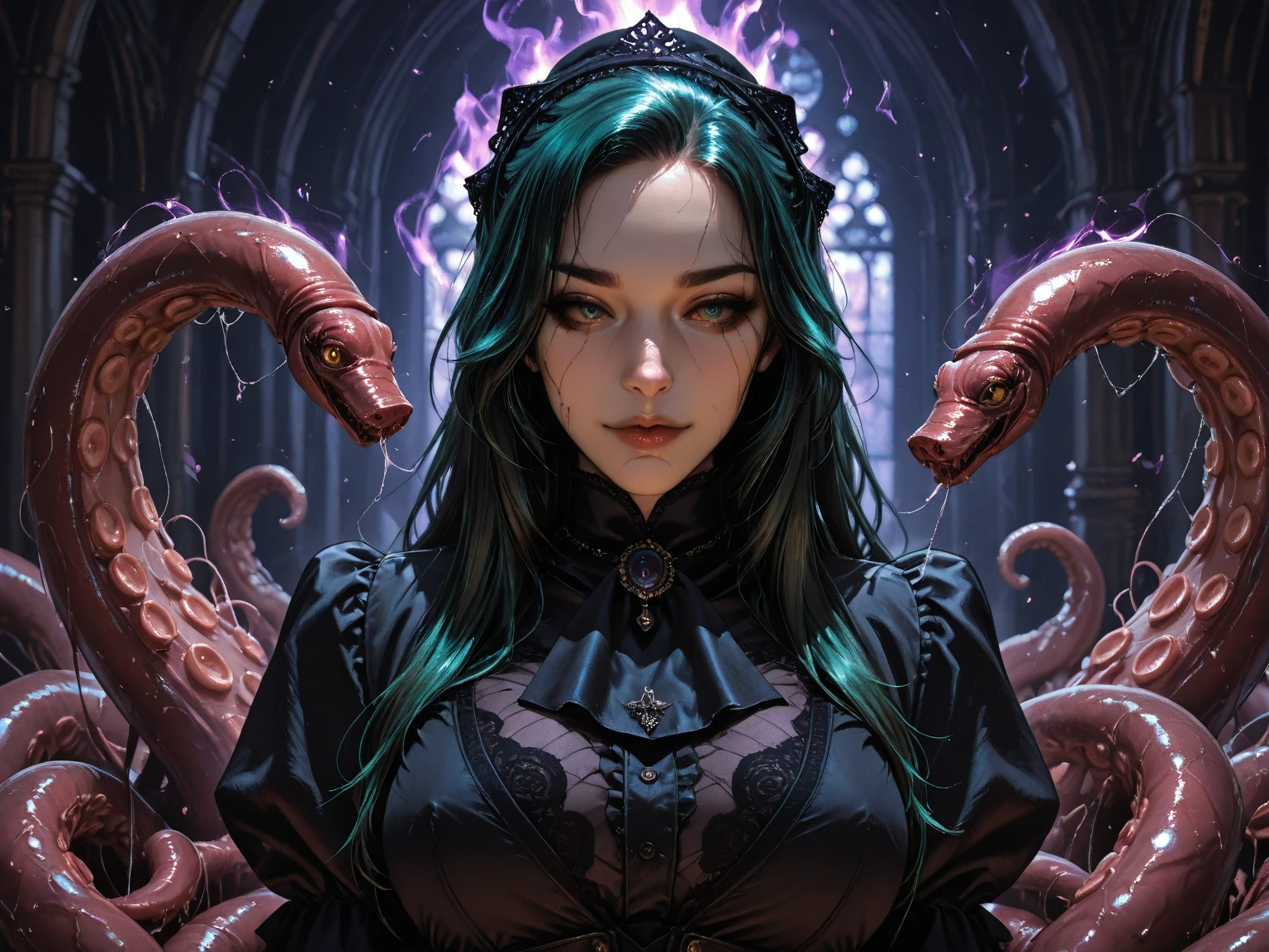 Transform the Lovecraftian horror scene into a comedy stage where Leonardo AI orchestrates a cosmic comedy of terrors. Picture characters facing absurd and comical eldritch horrors in a way that brings a lighthearted touch to the dark narrative. This prompt aims to blend Lovecraftian horror with elements of comedy. enormous tits