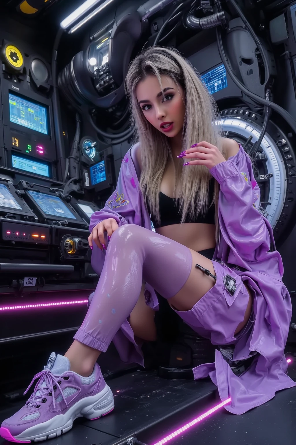 One girl, Gray Hair, Long Hair, Techwear masterpiece, highest quality, Realistic, Dark purple jacket, Portraiture, Fine grain, Wearing the headset, Platinum Hair, 21 year old girl, Fashion pose, Half Body, Wide shot, on the road, cyber punk,(((He has many tattoos all over his body)), (((Tight waist))), ((Big Breasts)),(See-through),panties