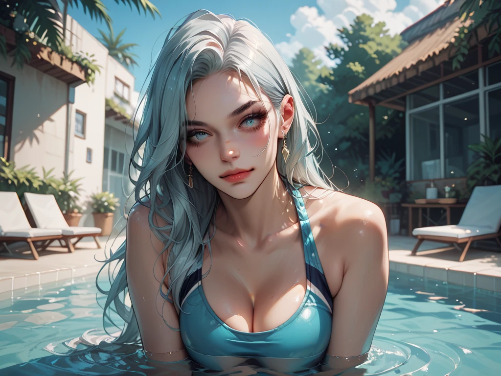 Very detailed CG, beautiful eyes, girl on stage, 1 girl, blue pupils, red face, slightly open lips, wet body, visibly translucent white liquid on face and mouth, plump and symmetrical breasts, bulging buttocks, white tight uniform skirt, black leg socks, white high heels, long purple hair, perfect leg curve, chest close-up, hip close-up, water drop effect, liquid effect, futuristic, technological, dynamic angle, flowing, 8k wallpaper, masterpiece, best quality, super detailed, best lighting, the best shades
