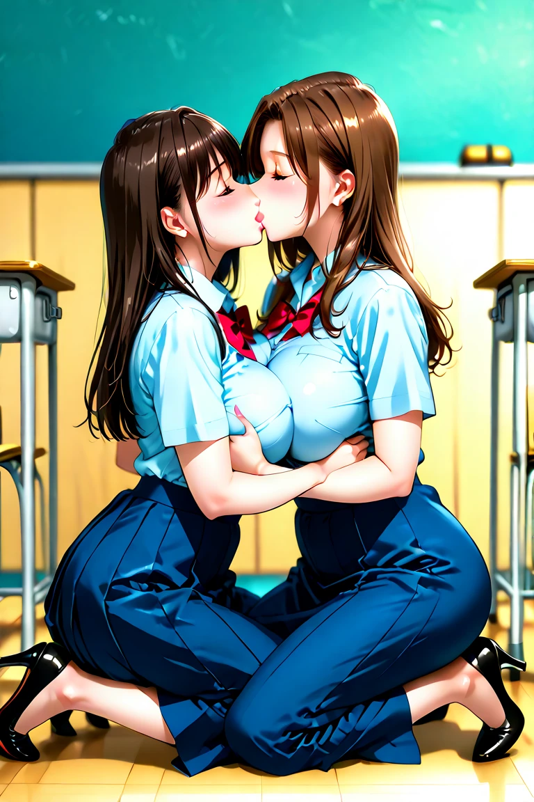 big breastes, Without bra, kissing each other, school, Mini skirt shape