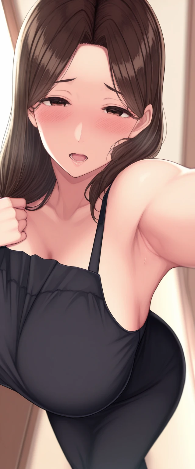 realistic, 1girl, selfie, body close together, looking up, cleavage emphasis, smiling, face extra large zoom, sitting on bed, sexy, (brown eyes), (bare shoulders), (covered nipples), (camisole), (dolphin shorts)