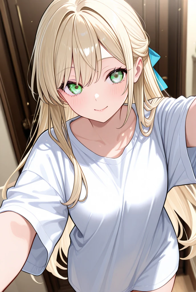 Selfie, 1 Girl 1 Boy, POV as the girl. Anime. Boy: Young, brown hair, blue eyes. Girl (Viewer): Shoulder long blonde hair, green eyes, wearing an skirt and crop top (Both designer Clothes).