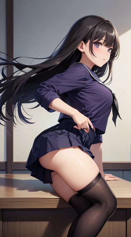 (((Spread your legs)))、Glasses、Uniform Blazer、Beautiful beauty、Long purple hair、((whole body))、(((Photo taken from below)))、school gate、Big ini skirt、Pantielack lace
