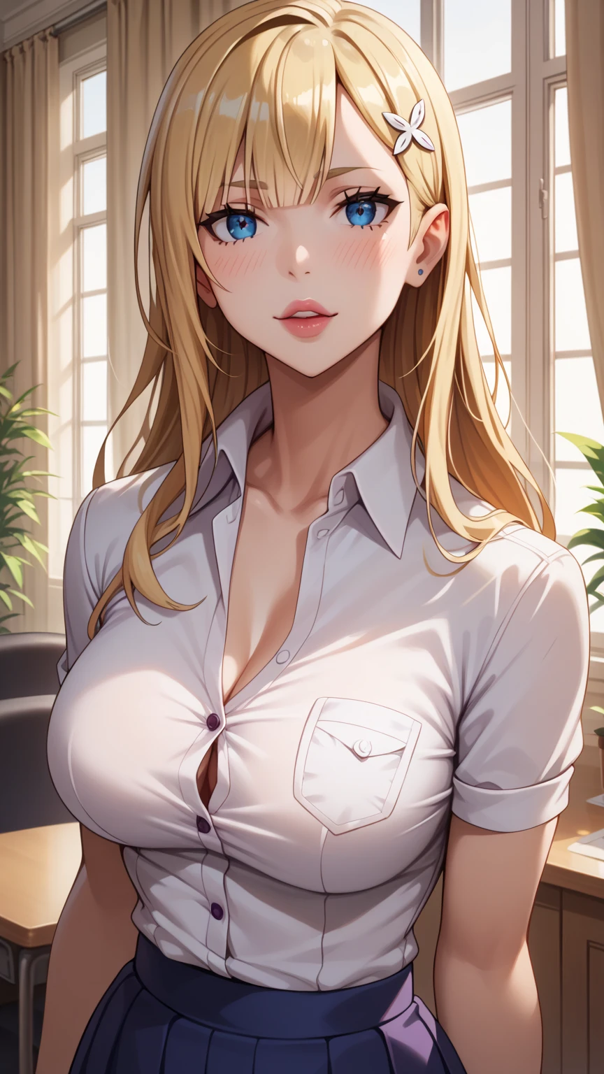 tmasterpiece，8K，High- sharpness，high high quality，30 year-old woman,  Long blonde hair, Gentle eyes, Unbutton your wet white shirt, bedridden，Cap cap，shirt covering