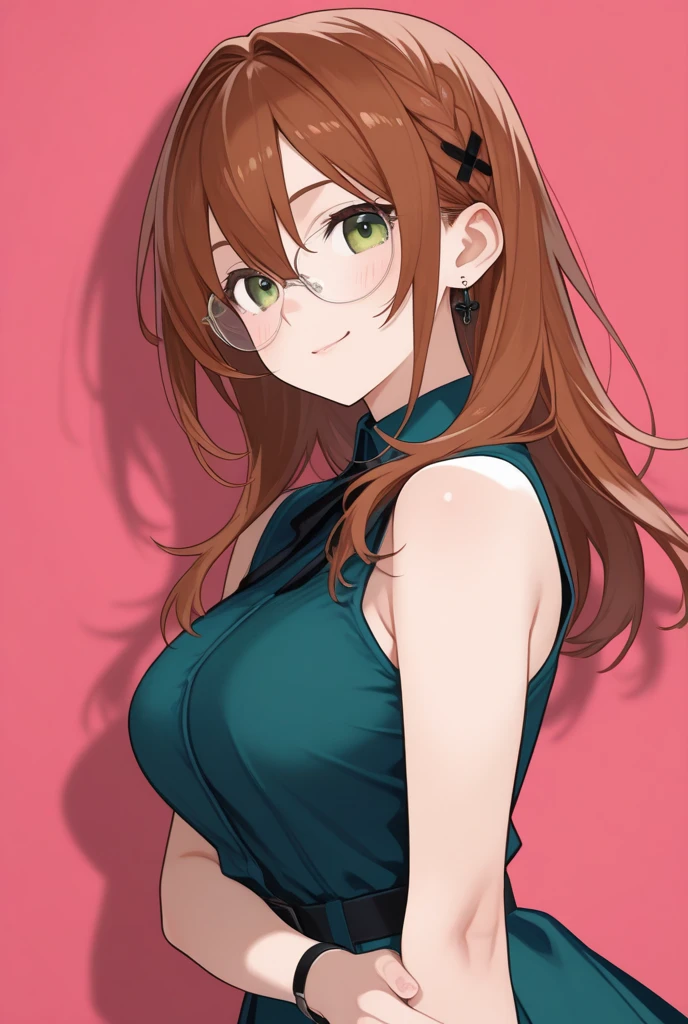 The background is white, she is wearing glasses, and is wearing a casual jumpsuit with green long sleeves and a collar, and her breasts are slightly visible.、A beautiful anime girl、Pointing finger