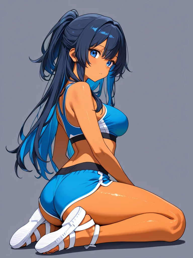 Draw the back of an anime girl, ( Blue hair ), Fake smile, clean anime outlines, linear art, clean lineart, Simple lines of art, perfect lineart, variable lineart, ( huge tit ), ( Wide buttocks ), ( The background is blank ), (Thin and beautiful eyes:1.2), ( Front light ) , (tmasterpiece:1.6,best qualtiy),high high quality,beauitful face,Sexy pudica pose gesture, holding a pudica pose, ( Buttocks close up ), Positive light