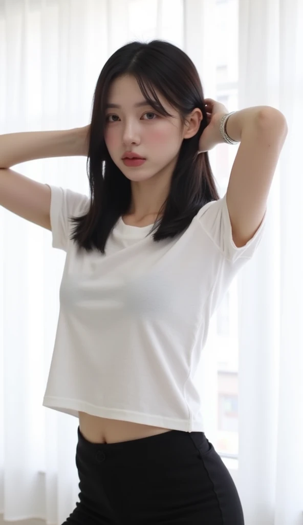 araffe asian woman wearing a white top and black shorts sitting on a bed, chica anime seductora, muchacha coreana, cara bonita con brazos y piernas, beautiful Asian girl, chica anime en la vida real, chica joven y linda, Asian girl, 19 year old girl, pale, snow-white skin, shikami, 🤤 girl portrait, hermoso cuerpo y rostro detallados