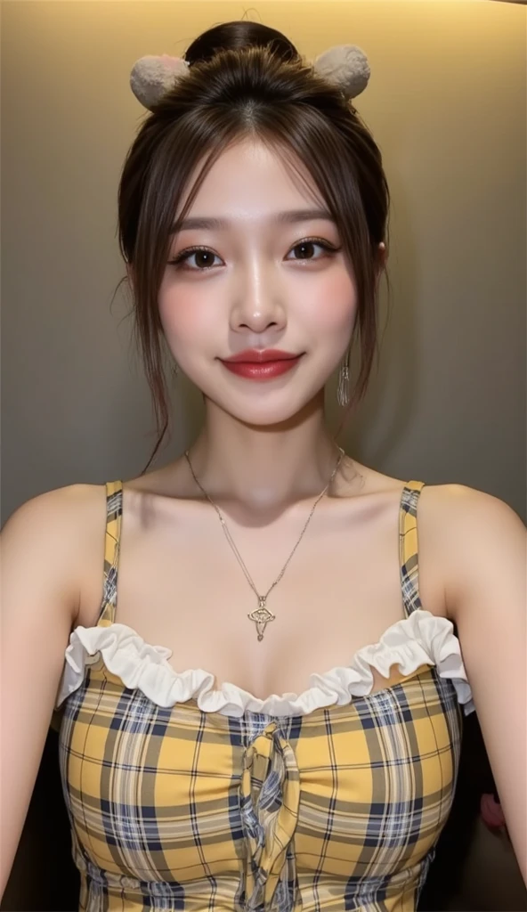 Highest image quality、Live shooting、ultra high resolution、20 year old girl、small breasts、dynamic angle、cowboy shot、the most beautiful form chaos、elegant、brutalist design、vivid colors、beautiful brown hair、smile、smile、shiny white skin、Beautiful eyes、Beautiful eyes in every detail、elongated eyes、thin lips、pale pink blush、long eyelashes、beautiful double eyelids、eye shadow、bright room、fluffy sweater、hot pants、Taken from diagonally above、sexy pose