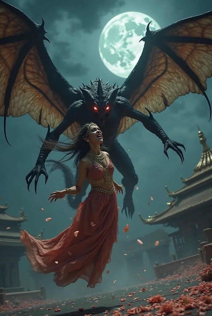 BJ_Sacred_beast,red_eyes,outdoors,horns,sky,cloud,no_humans,bird,cloudy_sky,scenery,stairs,fantasy,dragon,Japanese cityscape, eastern_dragon, cinematic lighting,strong contrast,high level of detail,Best quality,masterpiece,Live-action video, super realistic