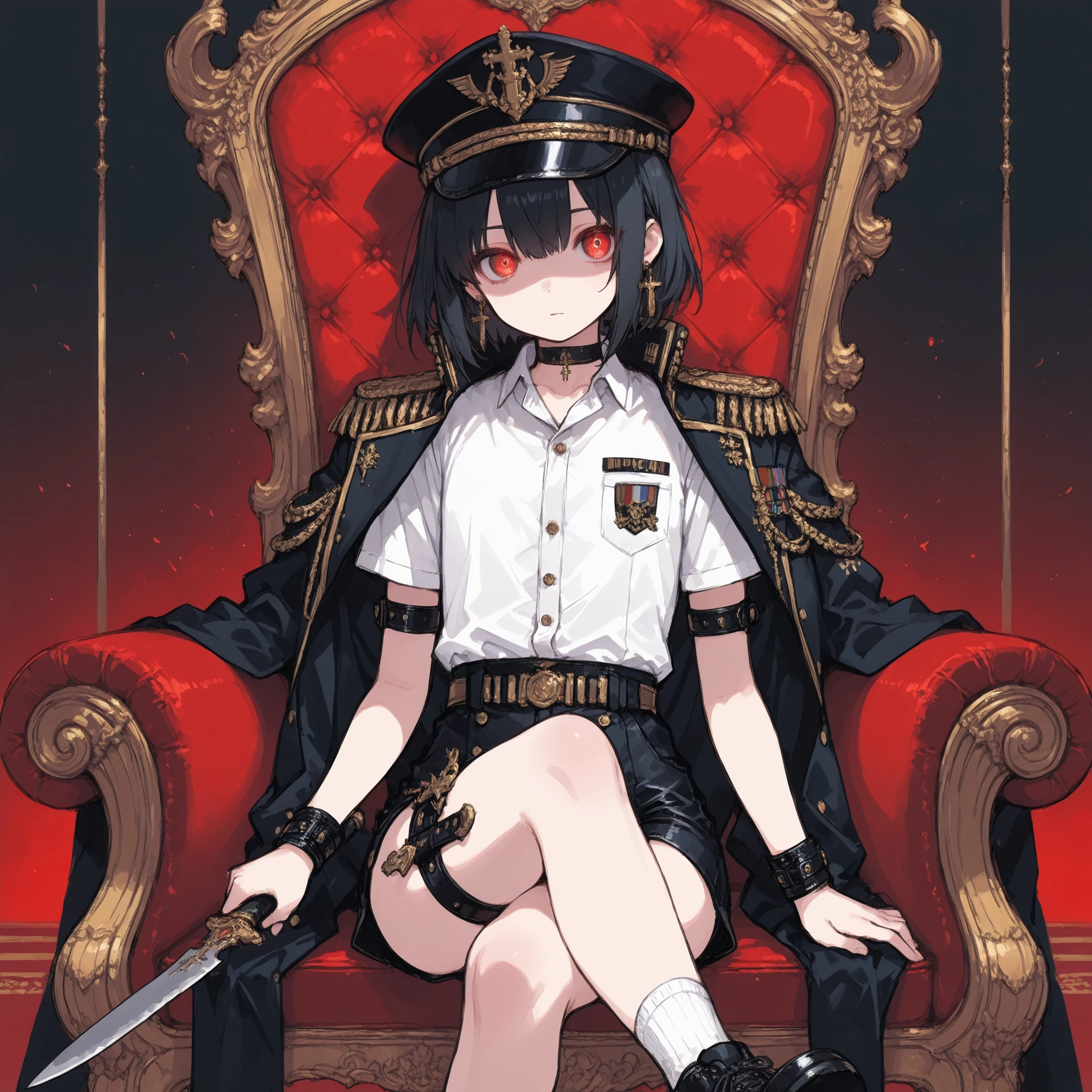 ((Best Quality)), ((masterpieces)), (detailed), Perfect Face, SOLO, ((femboy)), tomgirl, ANIME, beautiful detailed eyes, BOB hair, BOBed hair, black hair, RED EYES, BARE thighs, (((BARE LEG))), ((BLACK short pants)), (((dress shirt))), ((Flat chest)), Choker, (knife thigh strap), (General's Uniform), uniform hat, ((general uniform top)), arm straps, ((black general's uniform top draped over the shoulders)), expressionless, tight short black shorts, ((Holding dagger)), earring, Royal palace, GREAT HALL, red throne, cross legs, Black shoes and white socks, (buckle), ((Tuck in the shirt)), ((uniform outerwear)), short sleeves, wrist guard, FANTASY Dagger , glowing eyes