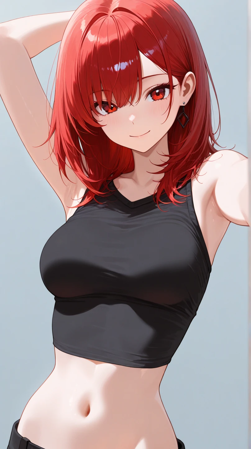 (absurdres:1.2),(masterpiece:1.6),(ultra-detailed:1.4),(High quality:1.4),(best quality:1.4),(beautiful busty breasts:1.3),(beautiful face:1.3),(beautiful woman:1.3),(selfie:1.2),(bright red hair:1.4),medium hair,a mole around the mouth, (sweat:1.1),(aroused:1.2),(embarrassed:1.2),(blush:1)(black tank top:1.3),(close-up:1.2),(lace choker:1.1),(cat ear bandage:1.2),on bed