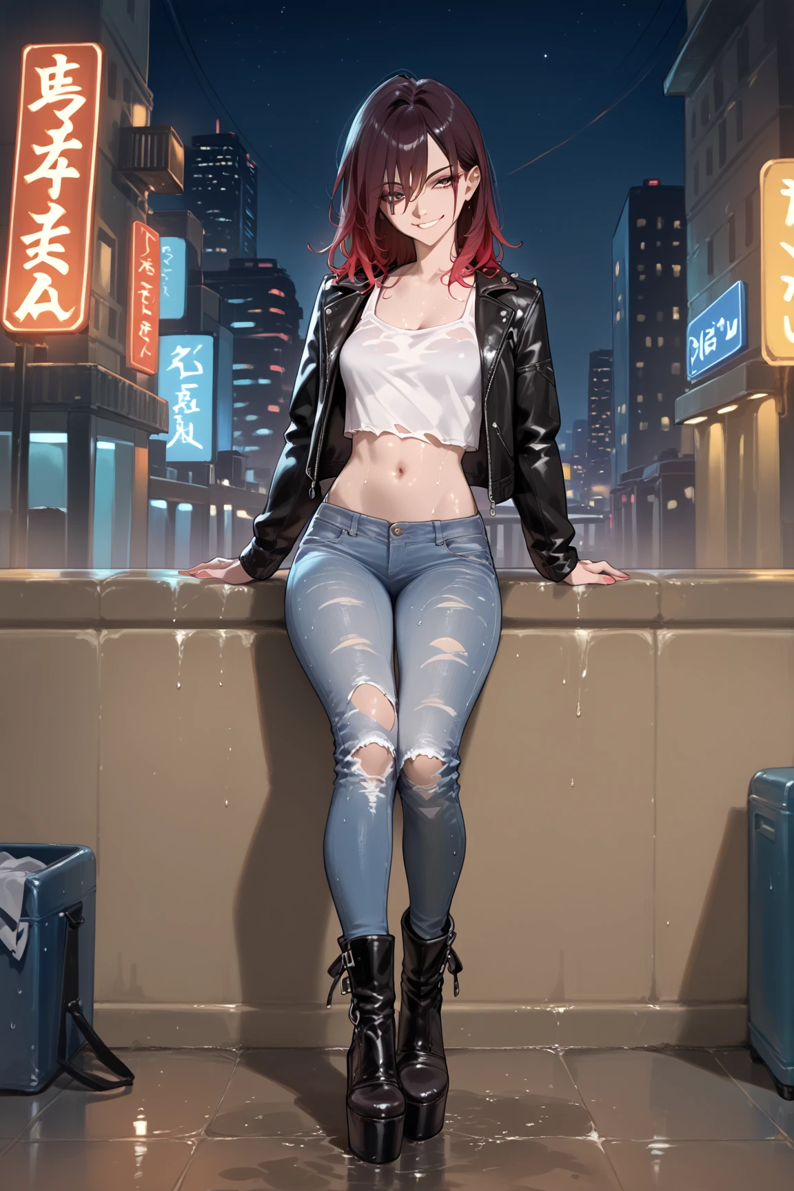 highres, beautiful women, Hohe Detailgenauigkeit, gute Beleuchtung, Lewd, Hentai, (keine Nacktheit), (((Jeans))), ((enges Ledertop)), (((Overknee-Stiefel aus Leder))), Nur Zwerchfell, (nasser Schritt), (((macht sich nass))), (pinkelt sich selbst), Pinkelfleck, (puddle), (dicke Oberschenkel), Nice long legs, Lippenstift, detailliertes Gesicht, pretty face, verlegenes, blushing face, humbled, ((Beine gespreizt)), ((At night under street lights)), stellaHarmony, #stellaHarmony