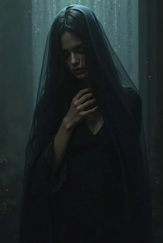 Photographic still of an malay girl in hijab, translucent skin, teeth dripping,, veins showing beneath it's skin, dark, onimous