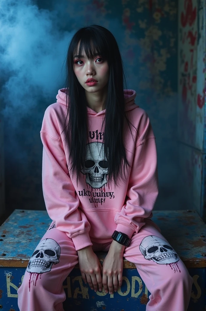 stylish t-shirt design, (best details) (highest quality), Strongest pirate girl wearing sunglasses sitting on a sofa chair, (((graffiti art))), (((Trigger Studio style, graffiti art, skull fashion, Neon color))), khan griffith, black hair 
