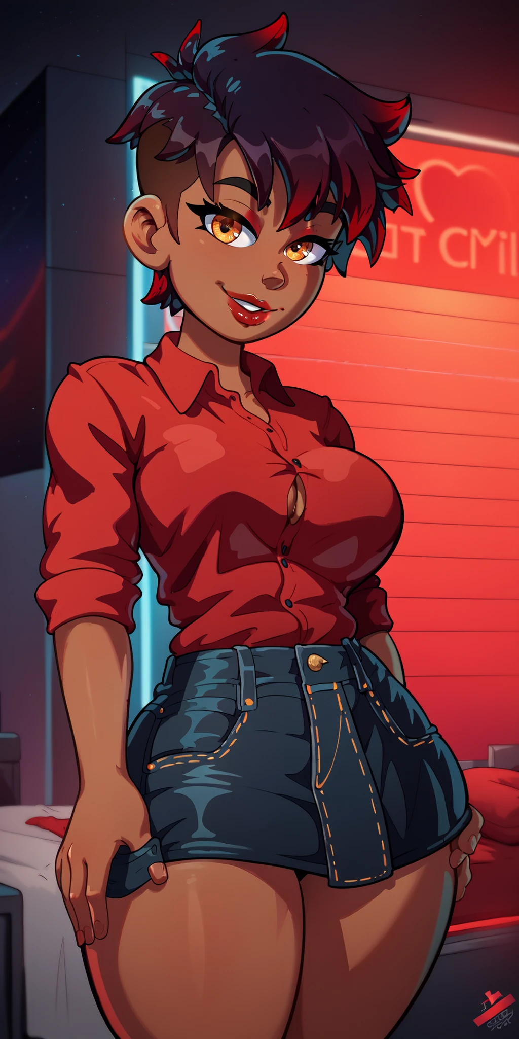 4K Quality, ((sexy smile)), ((black denim skirt)), (dark skinned tomboy), (black and red gradient hair), amber eyes, cute eyebrows, ((dark skinned)), ((red shirt)), toned body, ((thick thighs)), big breasted, (big ass), (facing the viewer), (full lips), (cowboy shot), (red neon bed room), night time city background,