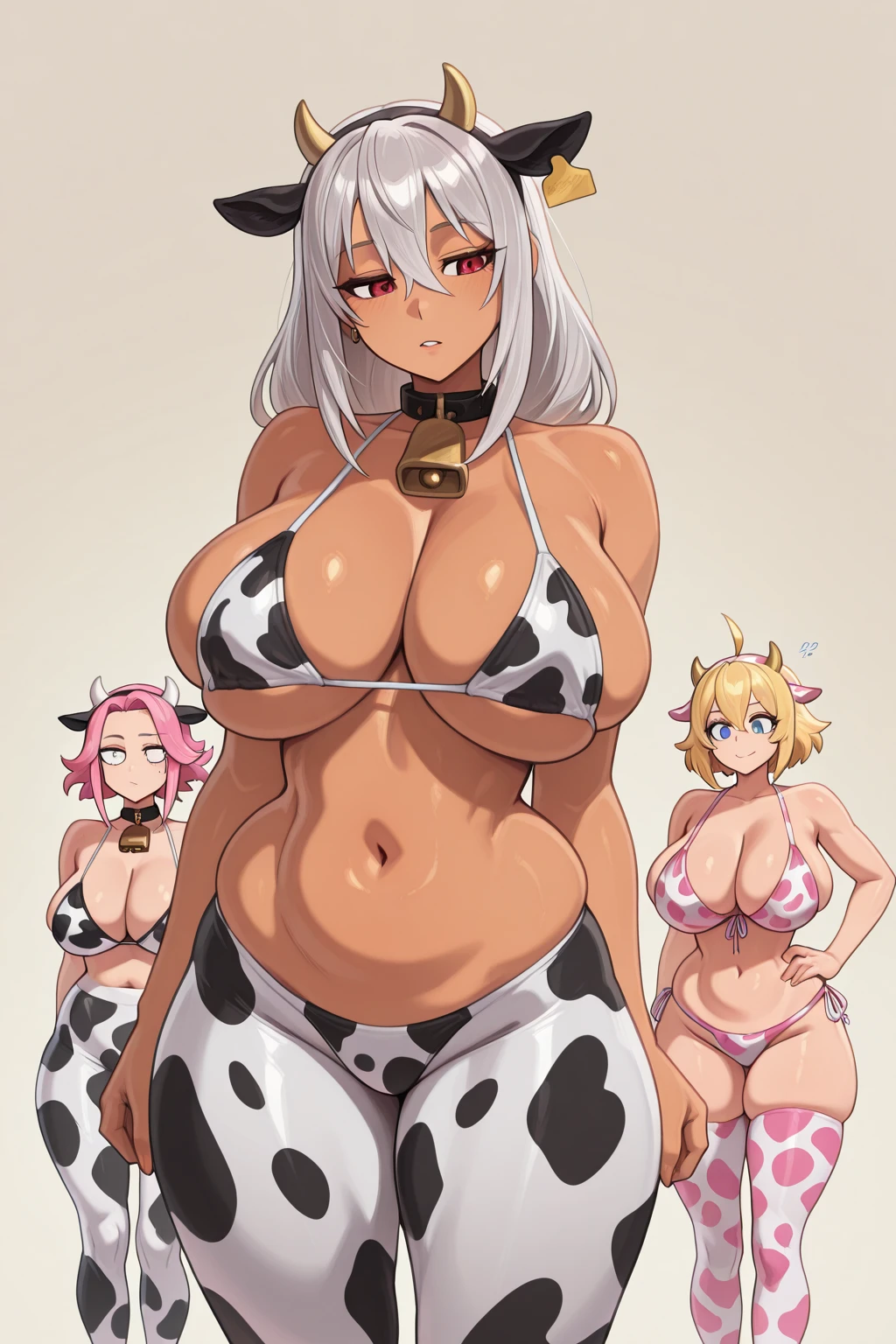 Realistic, Ultra Detailed, Masterpiece, 8k, Best quality, High definition, two perfect bodied bleached blonde bimbos in their early 20s wearing tiny cow print slingshot swimsuits, thigh highs, chokers, huge earrings and very tall platform pumps washing cars while many men watch