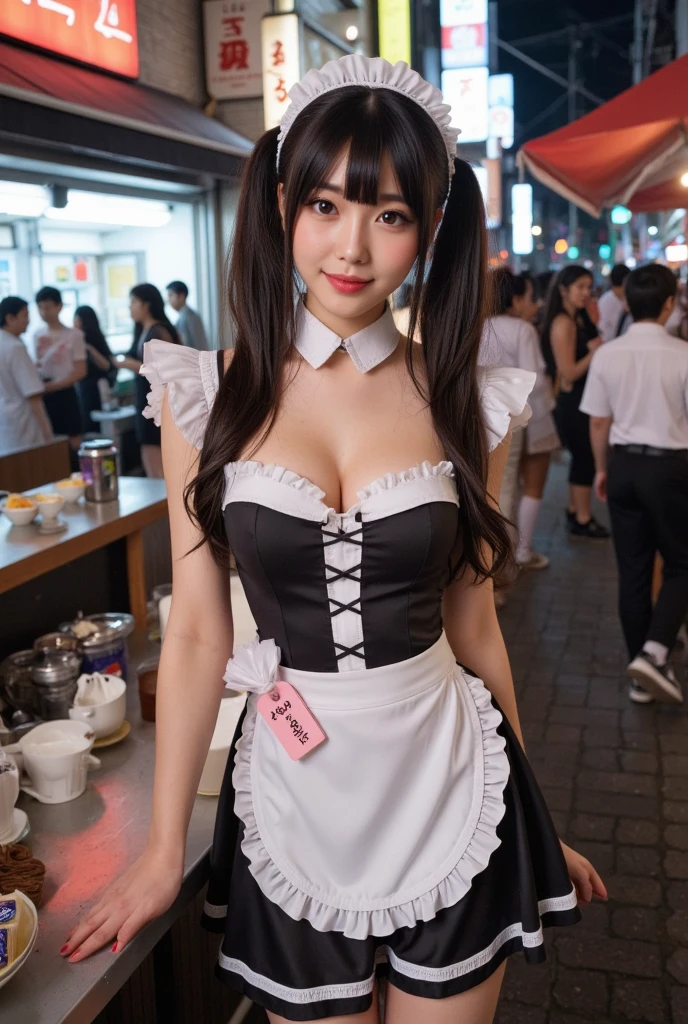 masterpiece、超High resolution、Pouring rain、雨で髪の毛と顔と服とwhole bodyがずぶ濡れ、She is very cute and young like an idol..々Beautiful 18 year old Japanese girl、Gentle and cute、A kind smile Her job is a maid Walking on a sidewalk in a big city during heavy rain She is wearing a Japanese maid outfit、Medium bust A maid outfit that clearly shows her cleavage whole body、RAW Photos、Genuine、High resolution、Life、No copyright notice