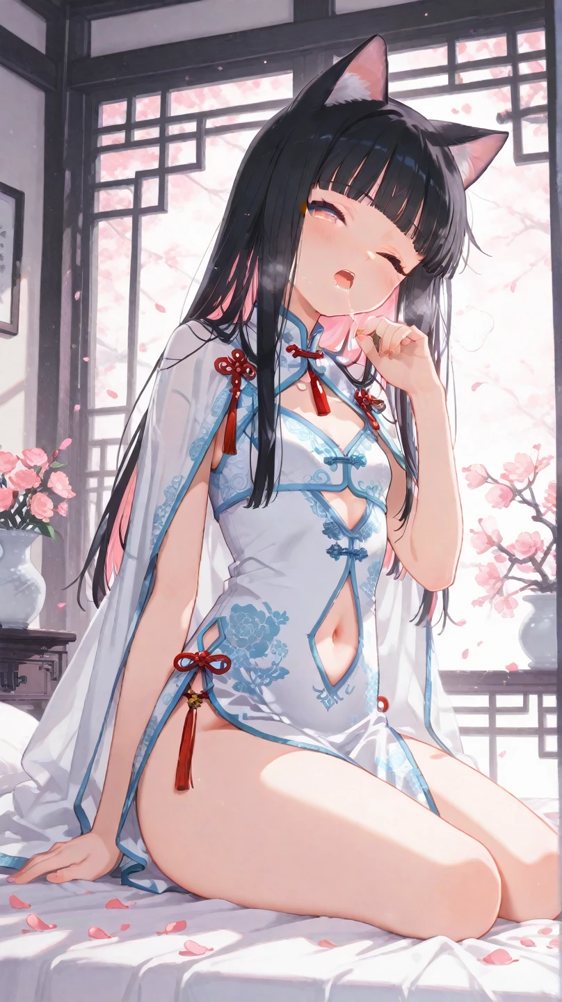 (Realistic:1.3), (photoRealistic:1.2), (highest quality:1.1), (Detailed skin:1.3), (Intricate details), Detailed skin texture,
One woman and one man, 19 years old,
(((In the study))),
(blush:0.6), ((orgasm face)), mouth with tongue out
(Depict from thighs to head) ,
Black Hair, Straight Hair, medium Long Hair, bangs, Hair between the eyes, Reduce hair volume,
Sparkling blue eyes, Lens Eye, Light reflection in the eyes, Symmetrical eyes, highlight on eyes, eyelashes, looking at the camera,
Close-fitting clothing, Wearing China dress, Side slits, (China dress), Floral prints, (white g-string panty), Separate panties and clothes, ((let the hem of the dress to the side)), The front and back of the skirt are the same length
A woman has two legs, Two arms, Five fingers, Two joints in the fingers, barefoot, Perfect leg length
Spread her legs very wide, open legs with hands,
pink roter, (Bare her chest),